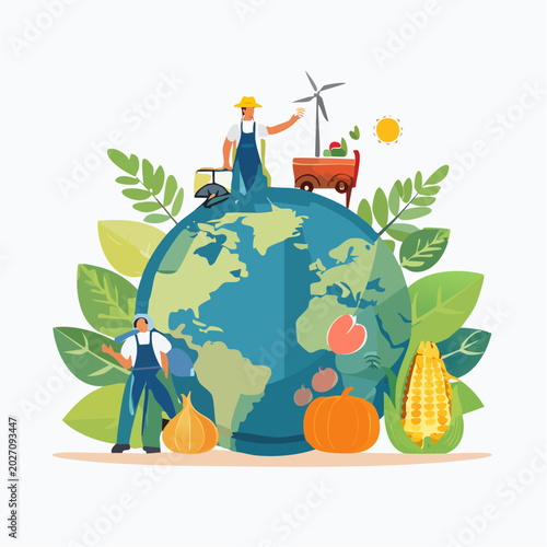 Sustainable agriculture and farming on a vibrant Earth, illustrating eco-friendly practices and green energy solutions