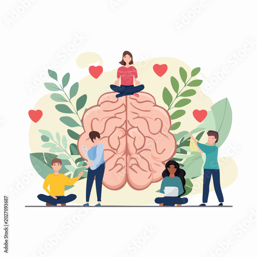 Mental health and well-being, illustrated with people meditating and interacting around a brain with surrounding hearts and leaves, symbolizing care and growth