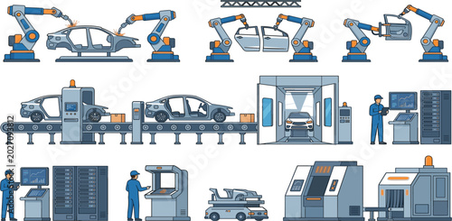 Foto Automated Car Manufacturing and Robotics Illustration Set with Industrial Assemb