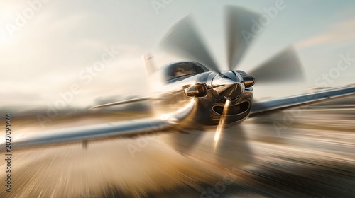 takeoff. A small aircraft propeller in motion blur during takeoff in bright daylight. mobility guides, transit brochures, designed for transport & logistics marketing, used by hospitality managers.