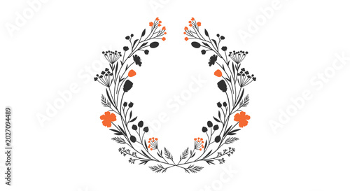 Elegant circular floral wreath composed of delicate wild flowers, grasses, and leaves in a contrasting black and orange color palette.