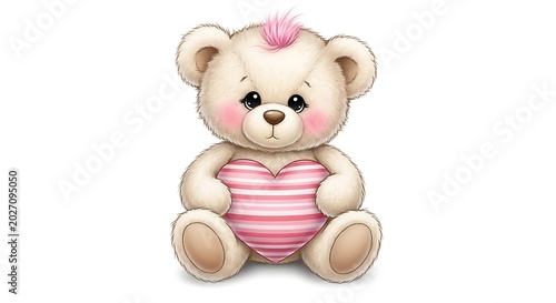 Cute beige teddy bear holding pink heart