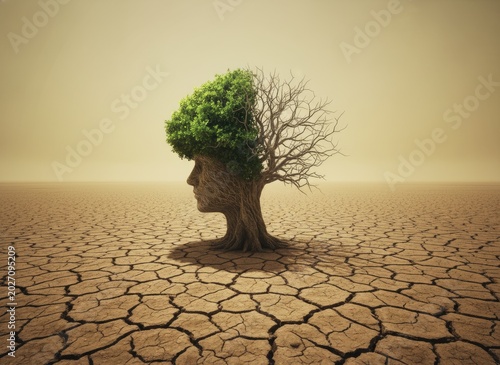 Human profile shaped tree showing transition between healthy lush green foliage and dry dead branches