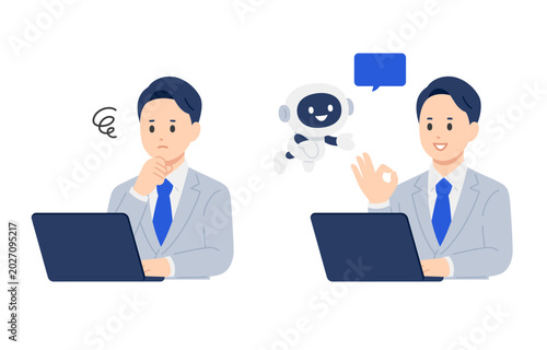 Canvas-taulu AI･チャットボットで悩みを解決するビジネスパーソン男性のセット【人物ベクターイラスト素材】