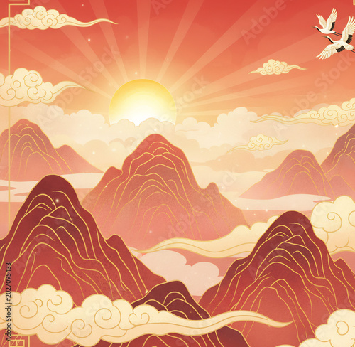  Golden Sunrise Over Sacred Peaks - Red Chinese Style Wallpaper