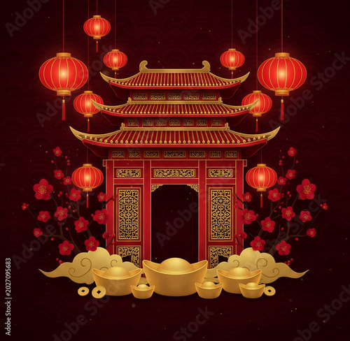 Imperial Pavilion Gate with Gold Ingots - Red Chinese Style Wallpaper