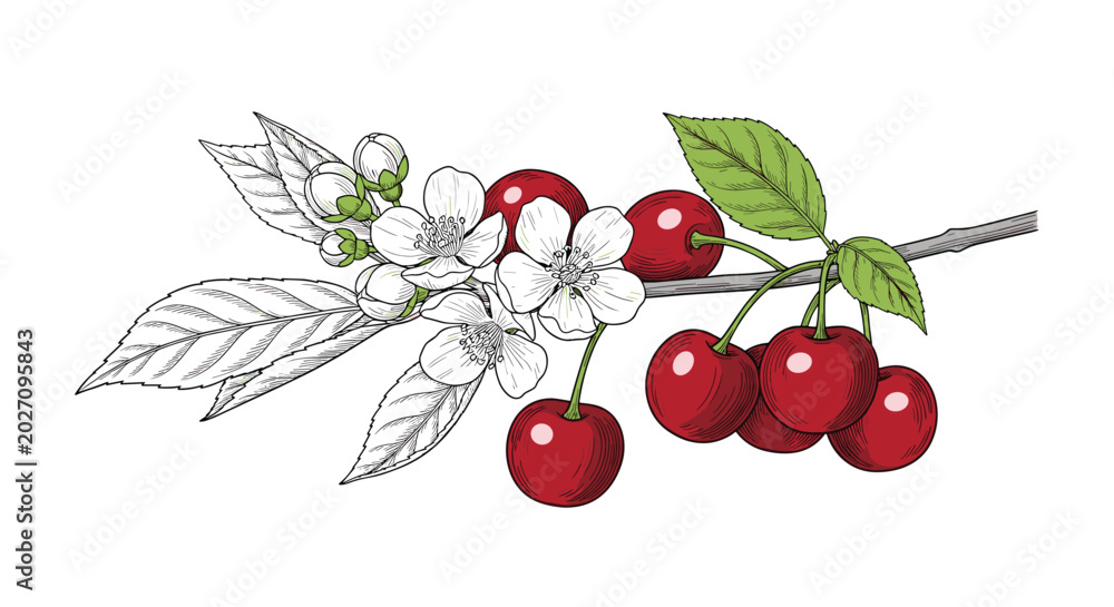 Obraz premium Exquisite illustration of a cherry branch featuring clusters of ripe red fruits and delicate white blossoms in a detailed botanical style.