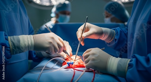 Surgeons Performing Open Heart Surgery in Operating Room.