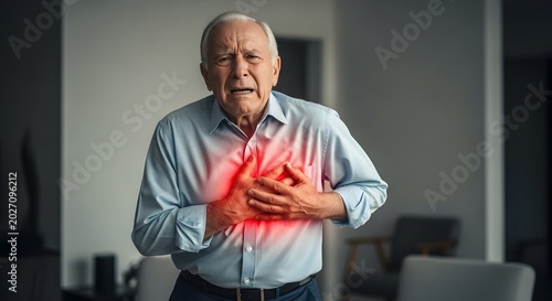 Elderly man experiencing chest pain and heart attack symptoms.