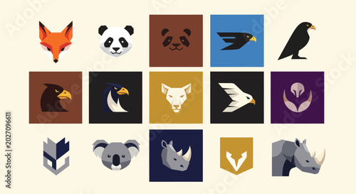 Vector Animal Icons Set: Foxes, Pandas, Eagles, Koalas, Rhinos, and Abstract Logos