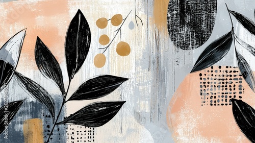 Abstract Floral Design with Leaves and Geometric Shapes in Soft Colors