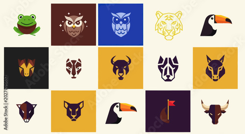 Vector Animal Icons Set: Frog, Owl, Tiger, Toucan, Horse, Wolf, Bull, Bison