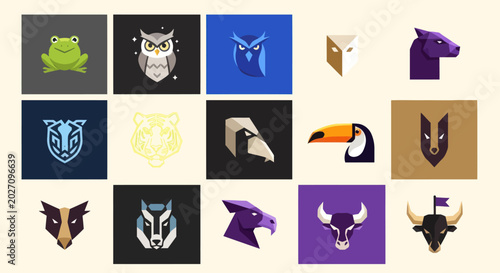 Vector Animal Icons Set: Frog, Owl, Tiger, Toucan, Bull, Horse, Wolf, Eagle
