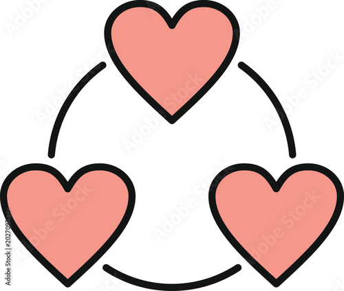 Canvas Print Three pink hearts circulating in a loop, symbolizing mutual connection, relation