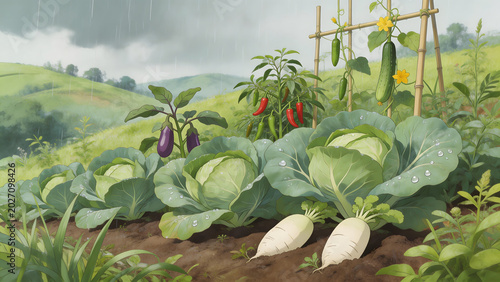 Rainy garden with vegetables