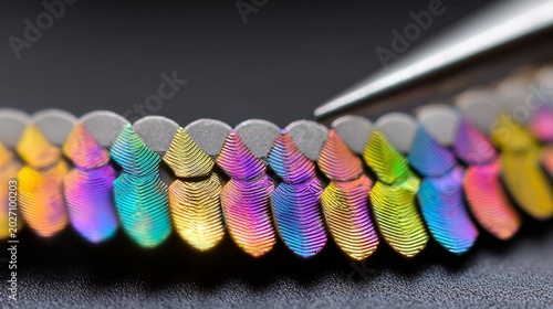 Close-up of a shimmering iridescent metallic scale pattern, showcasing vibrant rainbow colors and intricate texture
