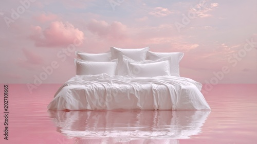 Pristine white bedding floats serenely upon highly saturated pink water beneath a soft pastel sky.