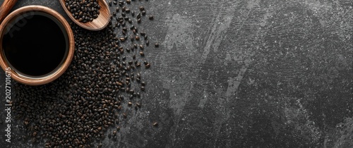 Black Sesame Seed Oil and Seeds Dark Background, Asian Cooking Essentials, Negative Space