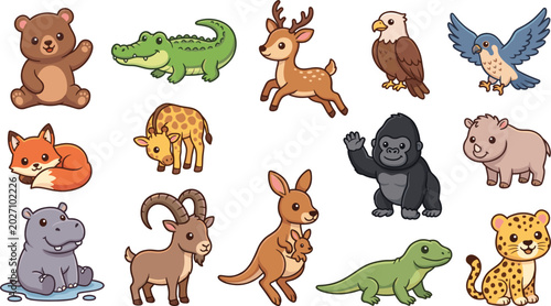 Photography Cute Cartoon Baby Wild Animals Character Collection Sticker Vector SetCute Carto
