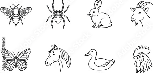 Photos Cute Cartoon Vector Collection of Eight Animals Including Bee, Spider, Rabbit, G