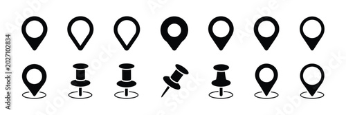 Location map pin icons GPS navigation markers place pinpoint position symbol vector illustration set