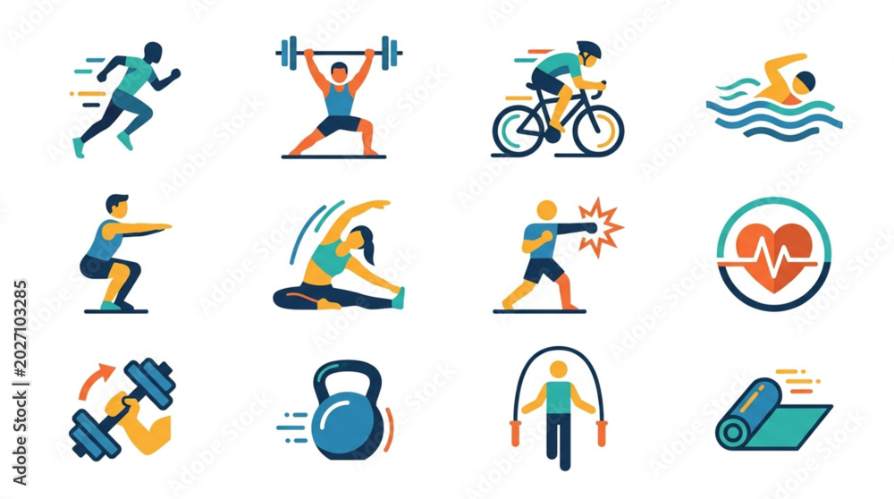 Fototapeta premium Collection of diverse fitness and sports activity icons.