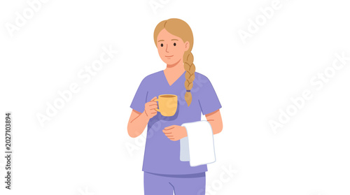 Female Hospice Nurse Holding Cup of Tea and Towel