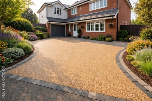 Recently completed resin driveway with decorative aggregate in front of a family home
