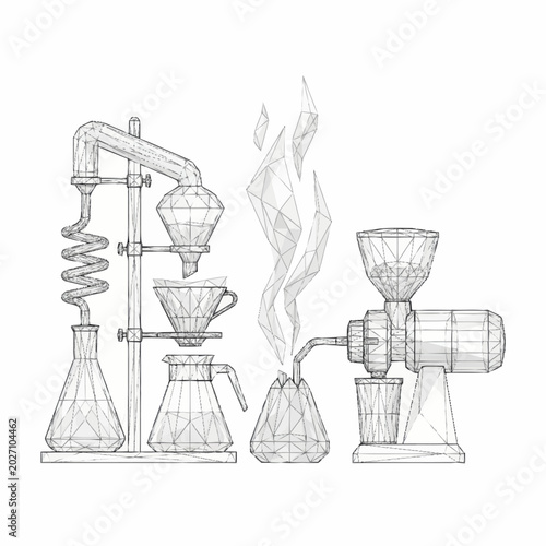 Φωτογραφία Coffee brewing apparatus with grinder and distillation setup.