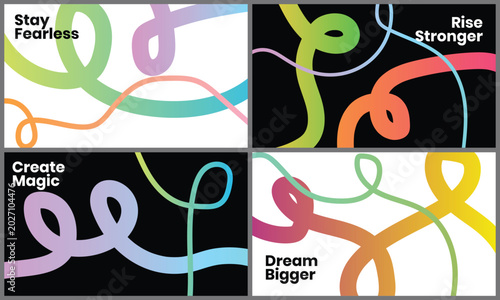 Tablou pe pânză Four modern abstract banners with vibrant looping ribbons and inspiring quotes on brightly lit black and white backgrounds