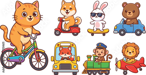 Adorable little animals riding bicycle scooter car train and airplane transport character design for stickers