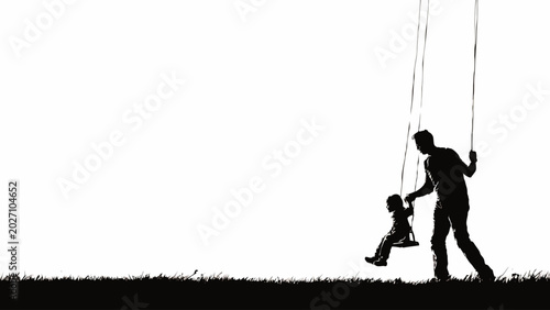 Bild auf Leinwand Silhouette of father pushing child on swing, black, outdoors, playful, family, p