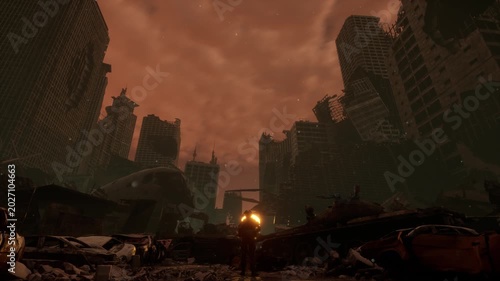 Apocalyptic city ruins filled with destroyed buildings, burning cars, and debris. Cinematic dystopian environment.
