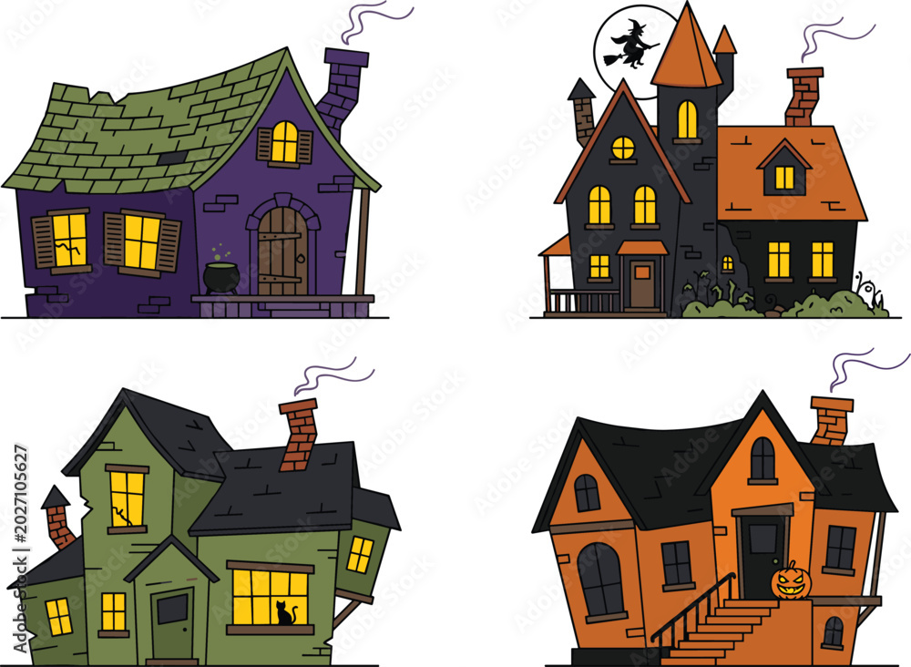 Naklejka premium Spooky Haunted House Vector Icon Set Featuring Cartoon Halloween Mansions Creepy Cottages Witch Silhouette Jack O Lantern and Black Cat Elements
