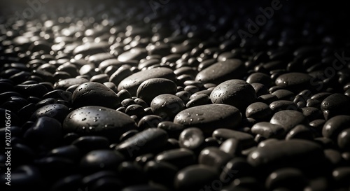 Close up of wet dark pebbles on a beach with dramatic lighting.