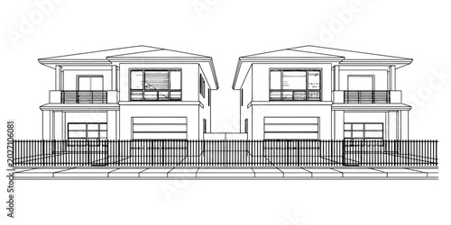 Tableau sur toile Black and white line drawing of two modern duplex houses with a front fence Vect