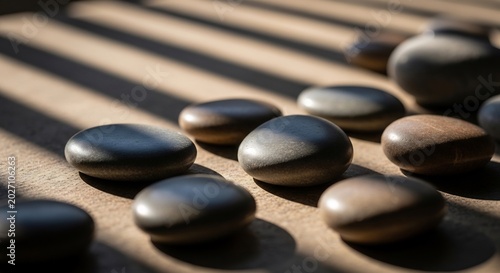 Smooth Stones Arranged on a Wooden Surface with Sunlight and Shadows.