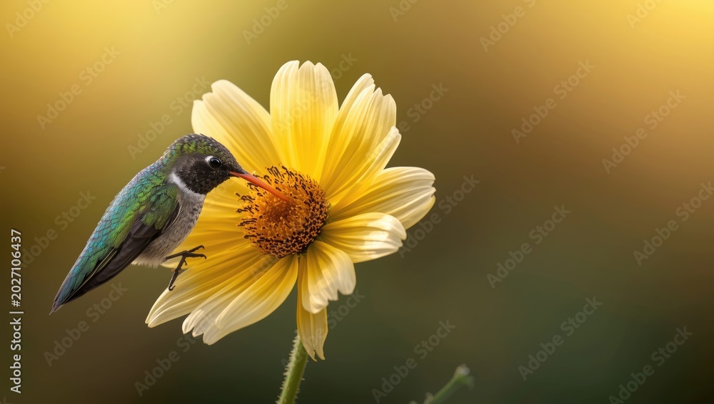 Fototapeta premium A small hummingbird enjoying nectar of a sunny yellow flower visualized with AI