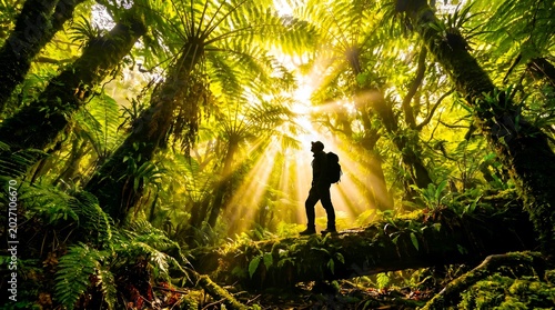Silhouette of a lone person with a backpack standing on a moss-covered fallen log in a dense, lush green forest, illuminated by dramatic golden sun rays filtering through the canopy