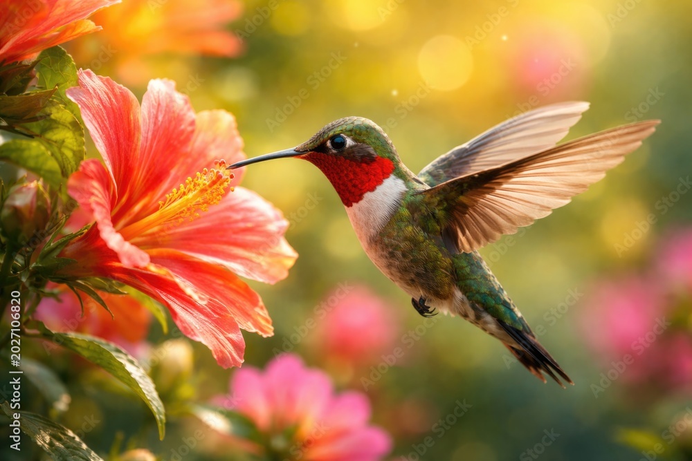 Fototapeta premium Ruby throated hummingbird hovering near radiant flower background