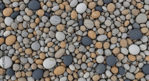A Close-Up Overhead View of a Textured Surface Composed of Numerous Small Smooth and Rounded Pebbles in Various Earthy Tones.