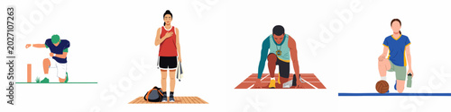 Cuadro en lienzo Vector illustration of diverse athletes in various sports poses including running, volleyball, and football on a white background