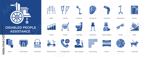 Bild auf Leinwand Disabled People Assistance Icon set Collection in Glyph Two Color Style