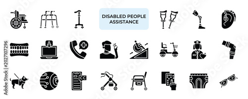 Schilderij op canvas Disabled People Assistance Icon set Collection in Solid Glyph Style