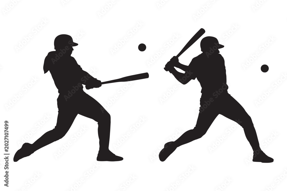 Fototapeta premium Baseball players swinging bat icon set, batter hitting action silhouette sports pose elements, vector illustration, white background