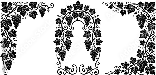Photos Black Decorative Grape Vine Border and Frame Set with Corner, Arch, and Full Fra