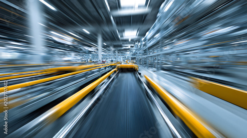 Motion blur automation factory line motion conveyor speed perspective with yellow guide rails and industrial equipment conveying packages in high tech production environment
