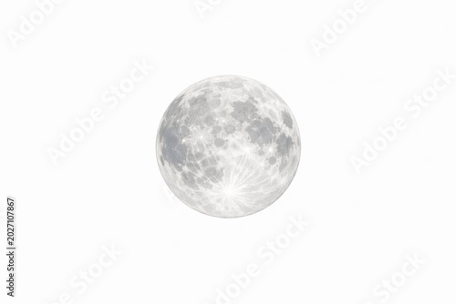 A bright full moon suspended in the center of an unblemished white background with copy space