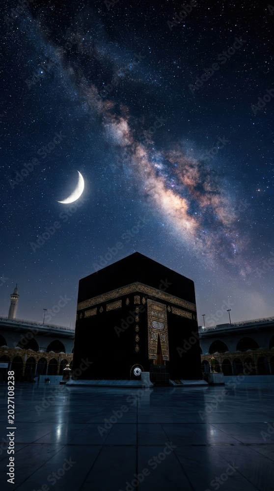 Obraz premium Kaaba in Mecca under a beautiful night sky with the crescent moon and the bright milky way galaxy