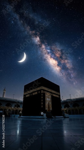 Kaaba in Mecca under a beautiful night sky with the crescent moon and the bright milky way galaxy